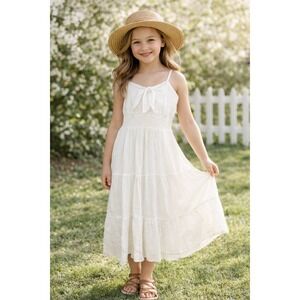 Amy Byer Girls White Tiered Maxi Sundress Size 7 Smocked Waist Tie Front Bow